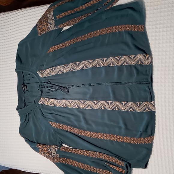 American Eagle Women's Top Long Sleeve Embroidered Dusty Blue/Cream Size Large - Picture 8 of 15